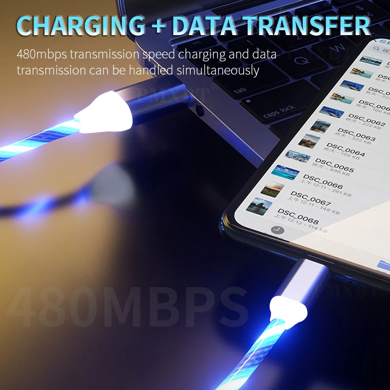 Flow Luminous USB Type C Cable For Huawei P50 Fast Charging Micro usbc Charger lighting Cable for iphone 12 13 Pro Max Xiaomi mi